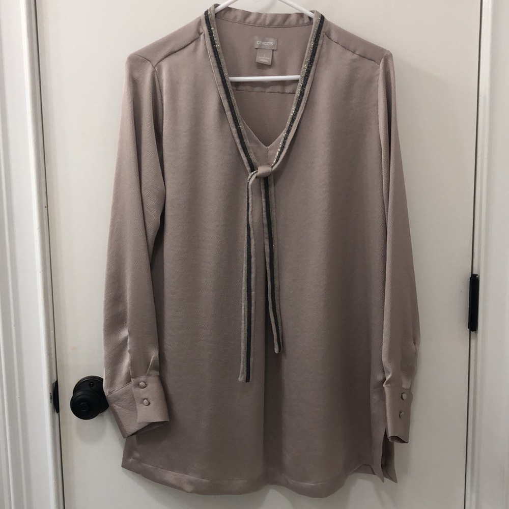 Chico's Long Sleeve Blouse with Metallic Beading along neck and neck ties